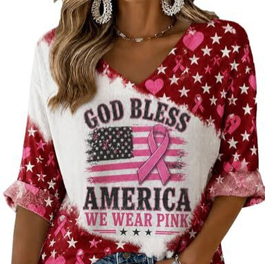 Ribbon Star Print V-Neck Half-Sleeve Women's T-Shirt