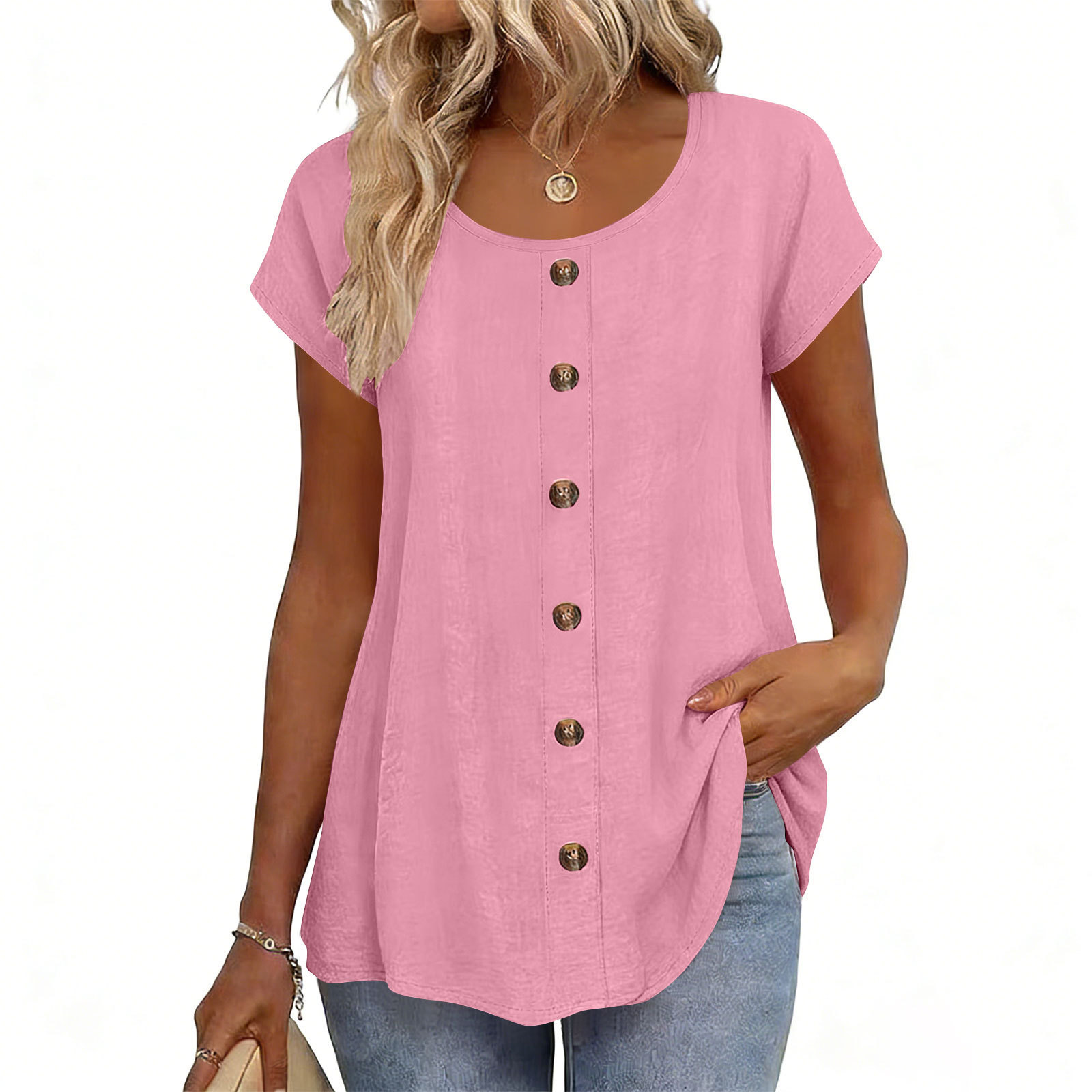 Elegant Button-Trim Solid Short-Sleeve Crewneck T-Shirt