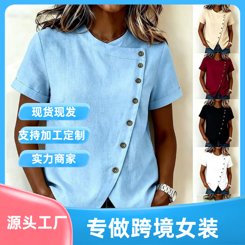 Stand Collar Asymmetric Button Cotton Linen Short Sleeve Shirt with Irregular Hem