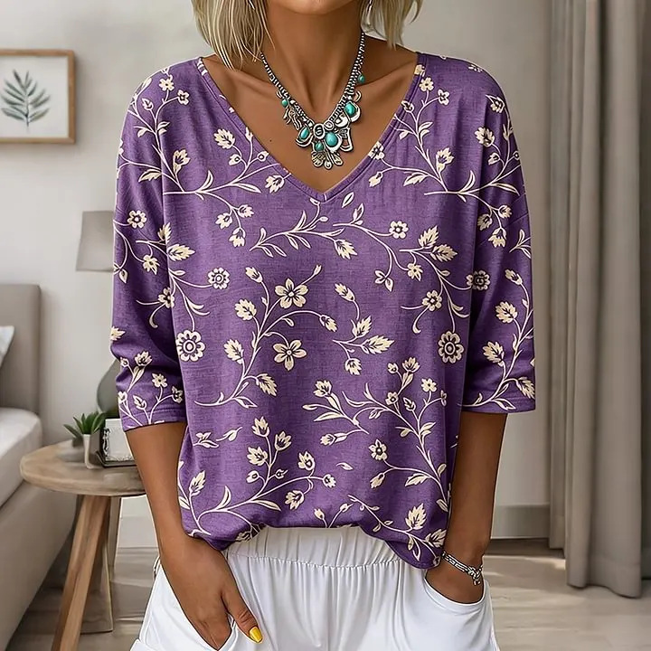 Floral Leaf Print V-Neck Half-Sleeve Women's T-Shirt