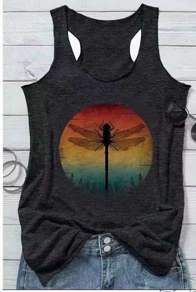 Dragonfly Print Round Neck Sleeveless Tank Top