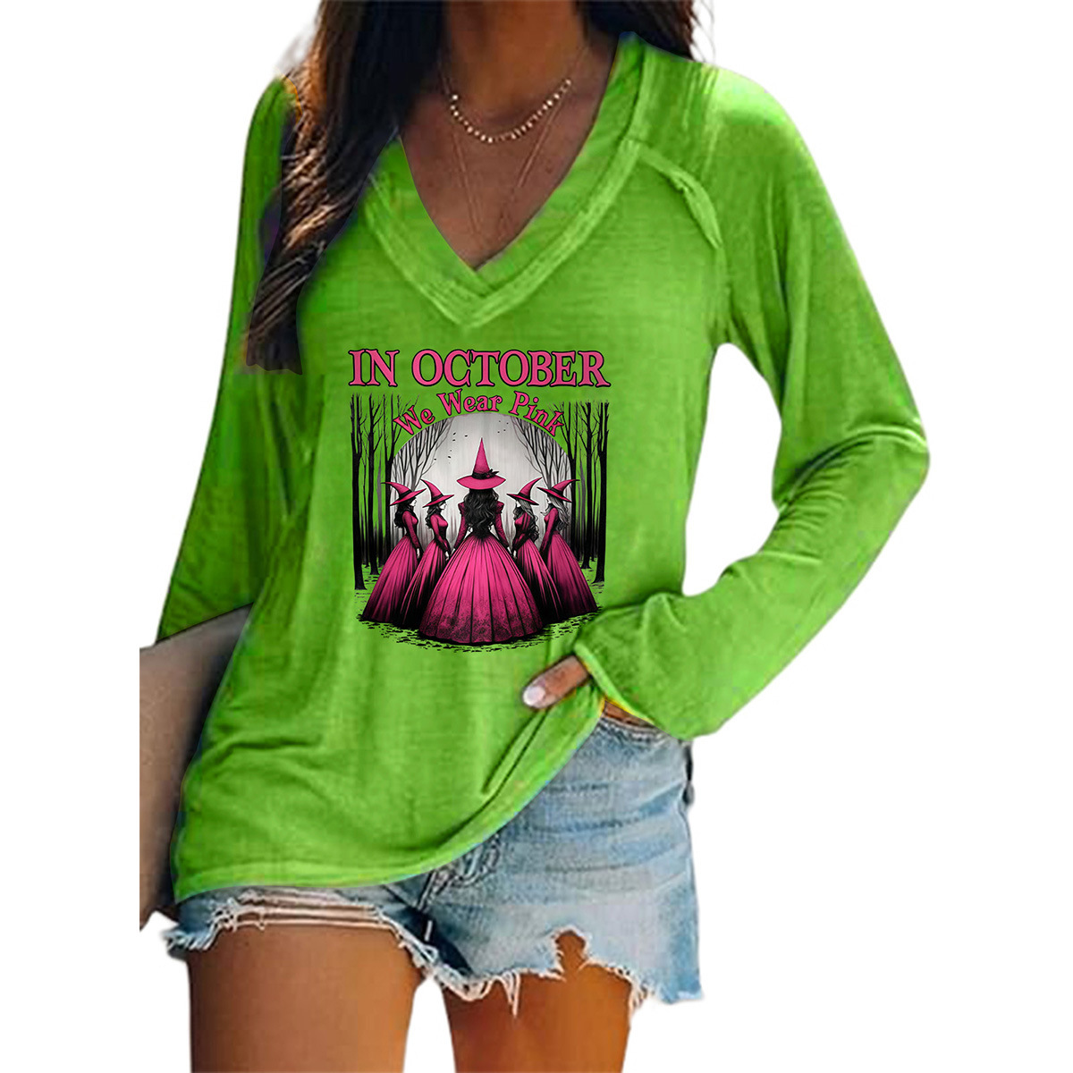 Women's Halloween Witch Hat Print V-Neck Long Sleeve T-Shirt