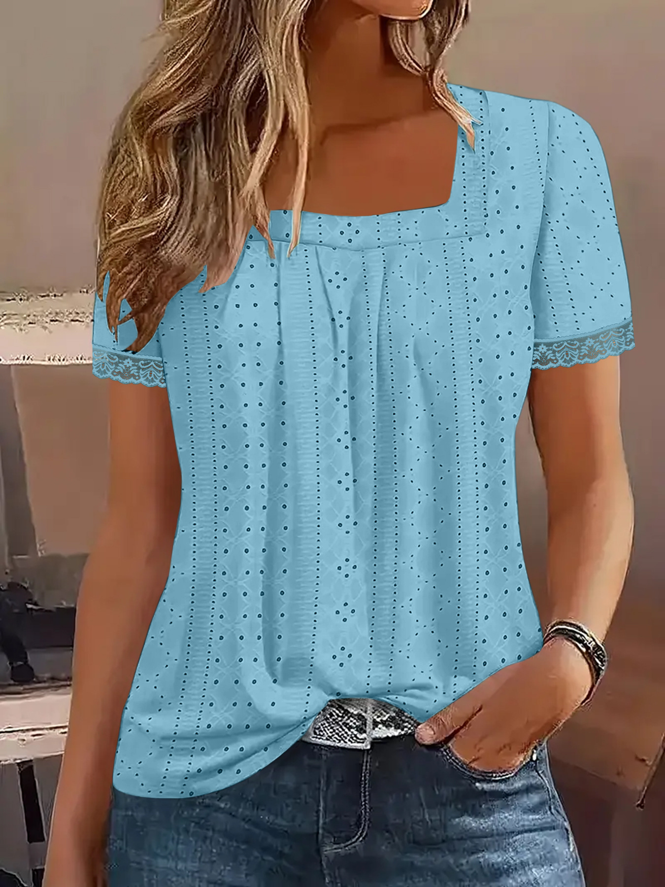 Women's Square Neck Short Sleeve Eyelet Jacquard Top
