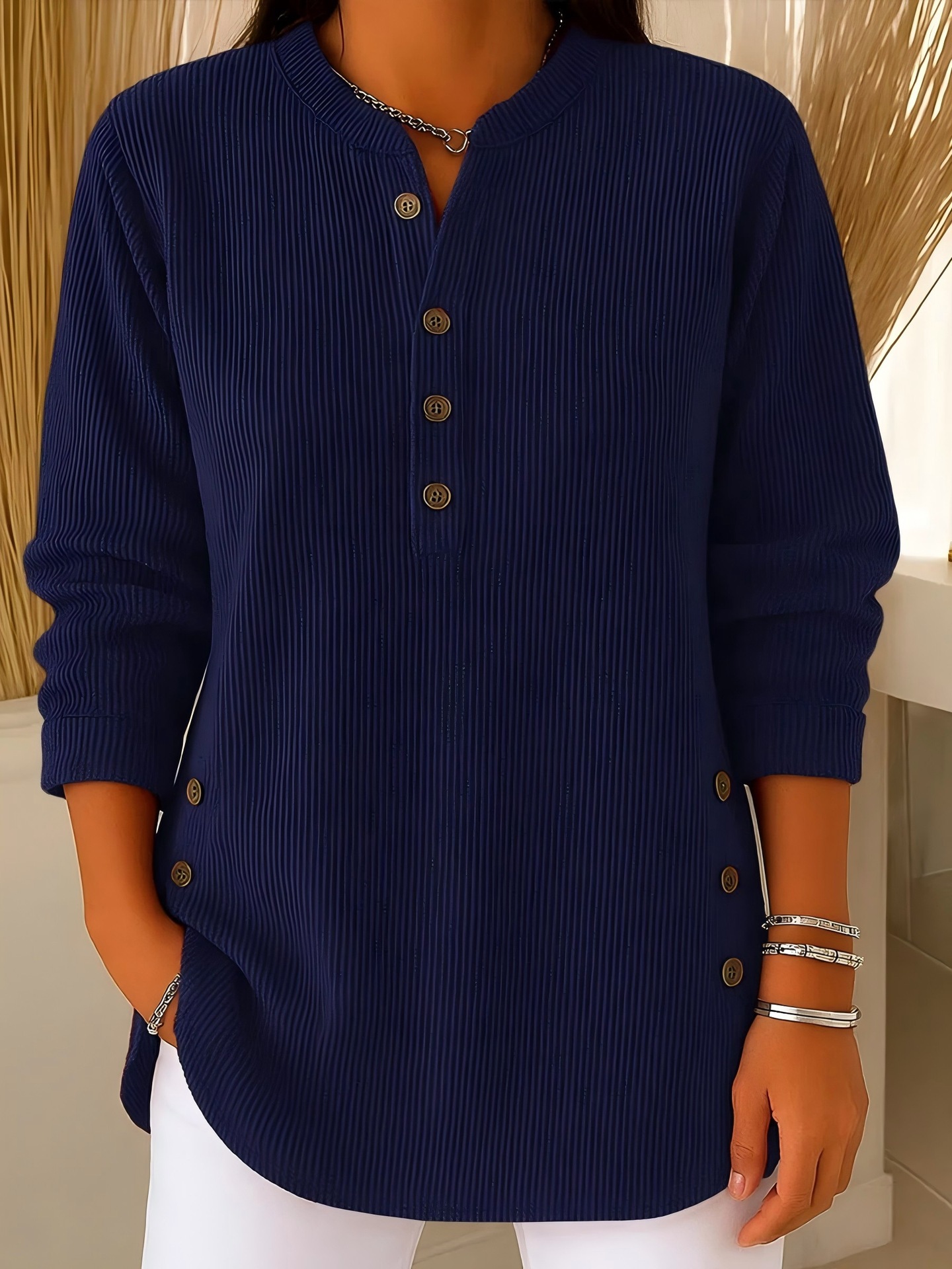 Corduroy Solid V-Neck Button Long-Sleeve Loose Fit Women's Top