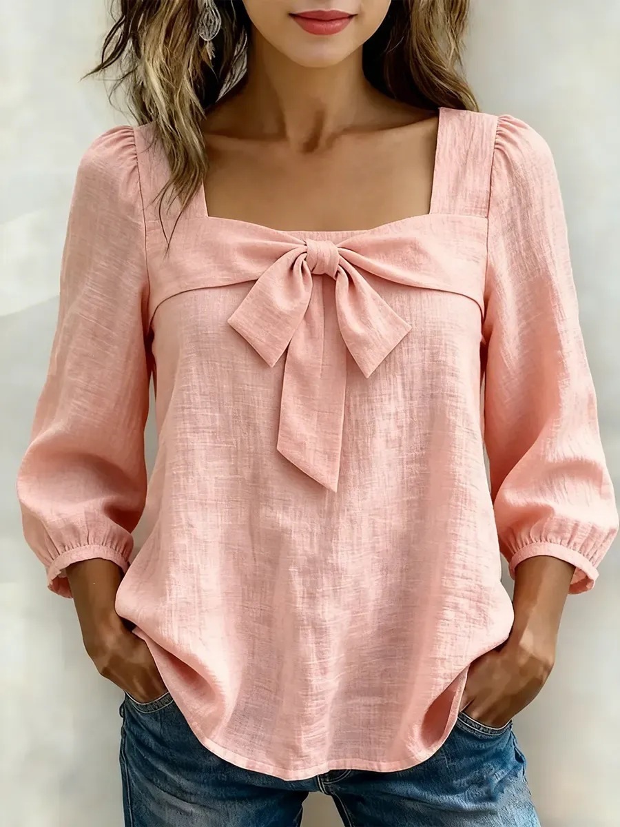 Women's Square Neck Bow Tie Blouse Casual Sweet Top