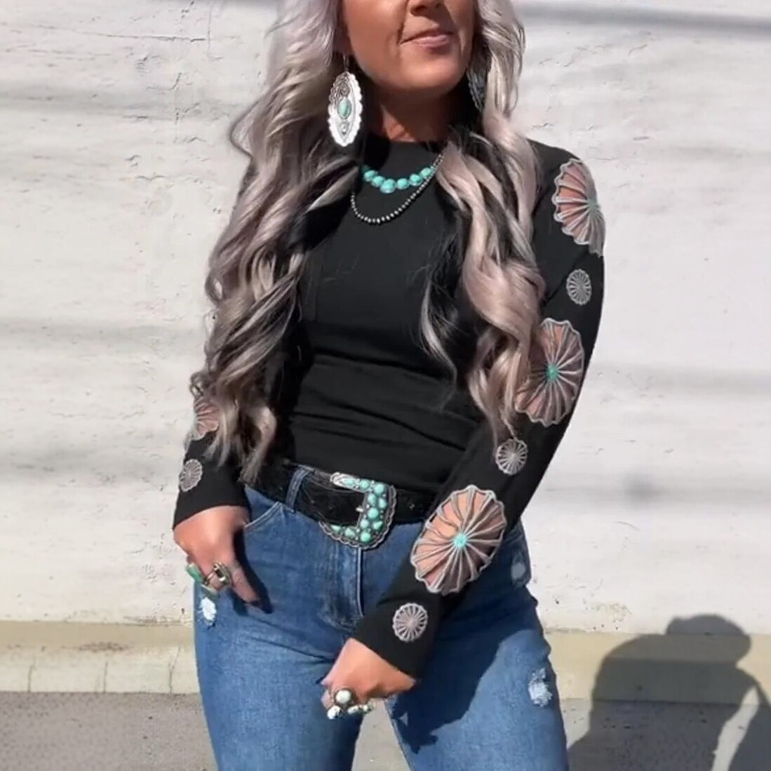 Women's Embroidered Cutout Crewneck Long Sleeve Top