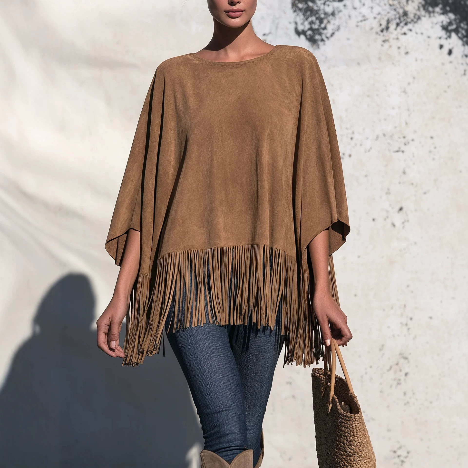 Women's Loose Crewneck Fringe T-Shirt Casual Solid Color