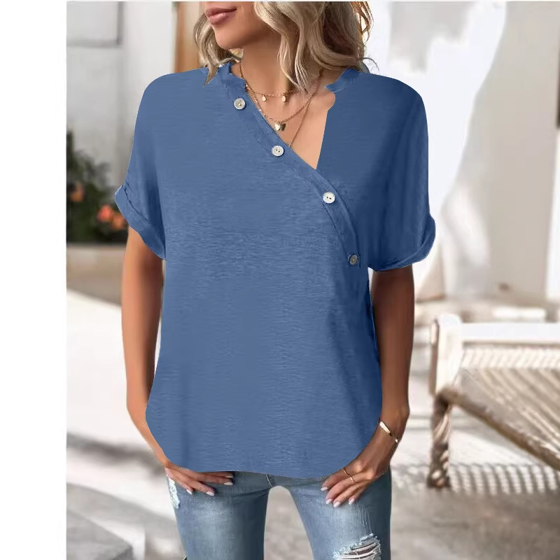 Women's Solid Twist Button Short Sleeve V-Neck Top