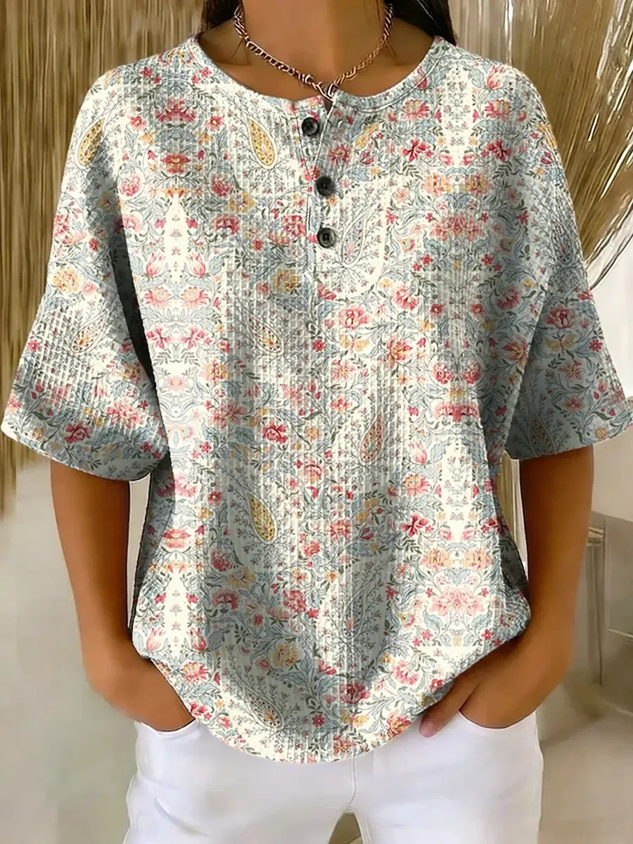 Floral Plaid Print Crewneck Short Sleeve Button Top