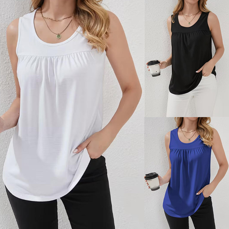 Women's Solid Pleated Round Neck Sleeveless Top