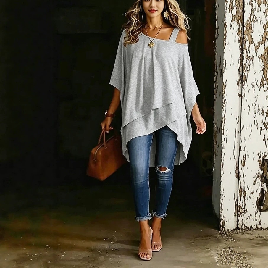 Asymmetric One-Shoulder Solid Color Top Draped Lazy Style Off-Shoulder Women's T-Shirt