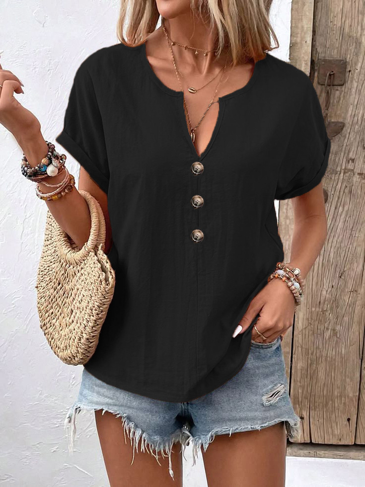 Women's Button V-Neck Short Sleeve T-Shirt