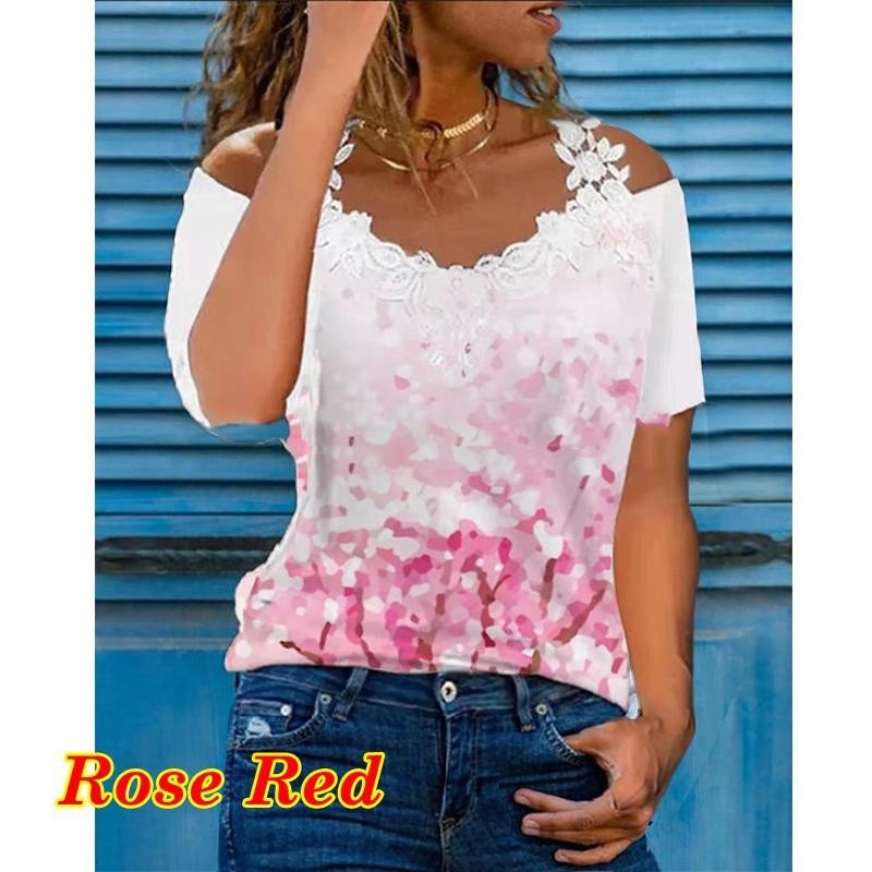 Women's Summer V-Neck Lace Trim Cold Shoulder Short Sleeve Casual T-Shirt