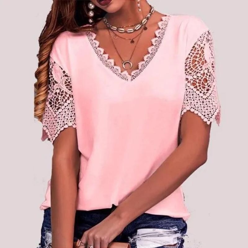 Women's Lace Trim Loose V-Neck Short Sleeve T-Shirt