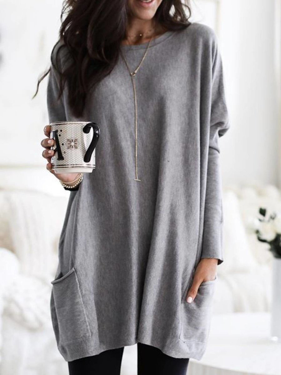 Women's Long Sleeve Pocket T-Shirt Casual Loose Fit Crew Neck Top