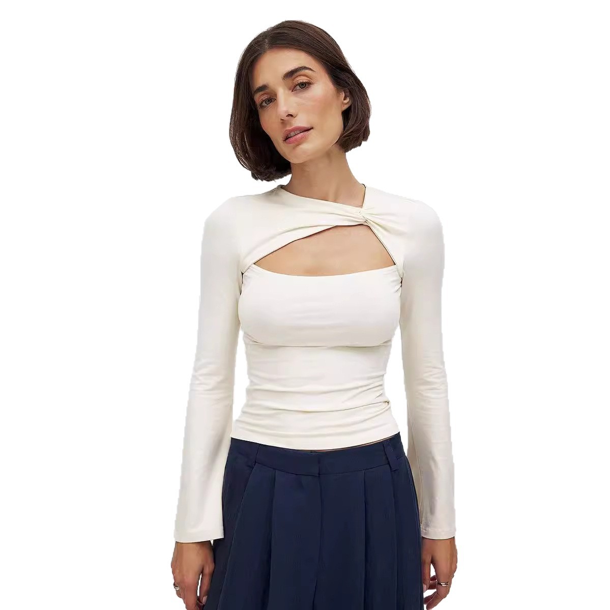Women's Double-Layer Collar Cutout Faux Two-Piece Slim Fit Long Sleeve Top