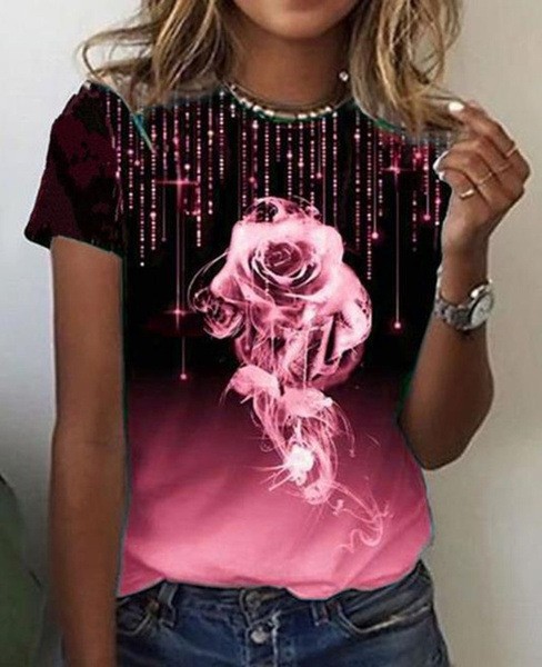 Women's Rose Print Short Sleeve Crew Neck T-Shirt