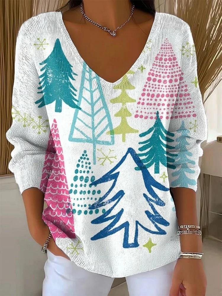 Halloween Plant & Tree Print V-Neck Long-Sleeve T-Shirt for Women