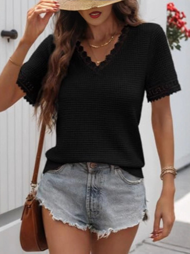 Women's V-Neck Waffle Knit Lace Trim Short Sleeve Top