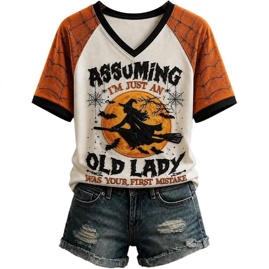 Halloween Evil Witch Print V-Neck Short Sleeve Women's T-Shirt