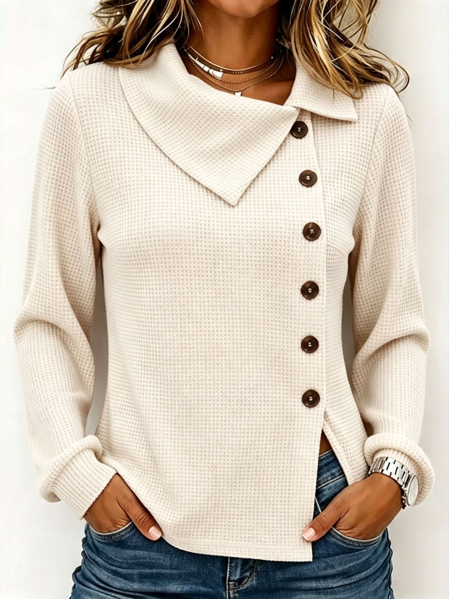 Women's Waffle Knit Button-Front Long-Sleeve Top with Asymmetric Collar