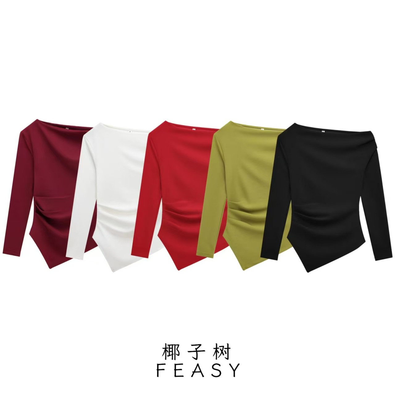 Women's Asymmetric Stretch Top – One-Shoulder Long Sleeve, Solid Color, Versatile