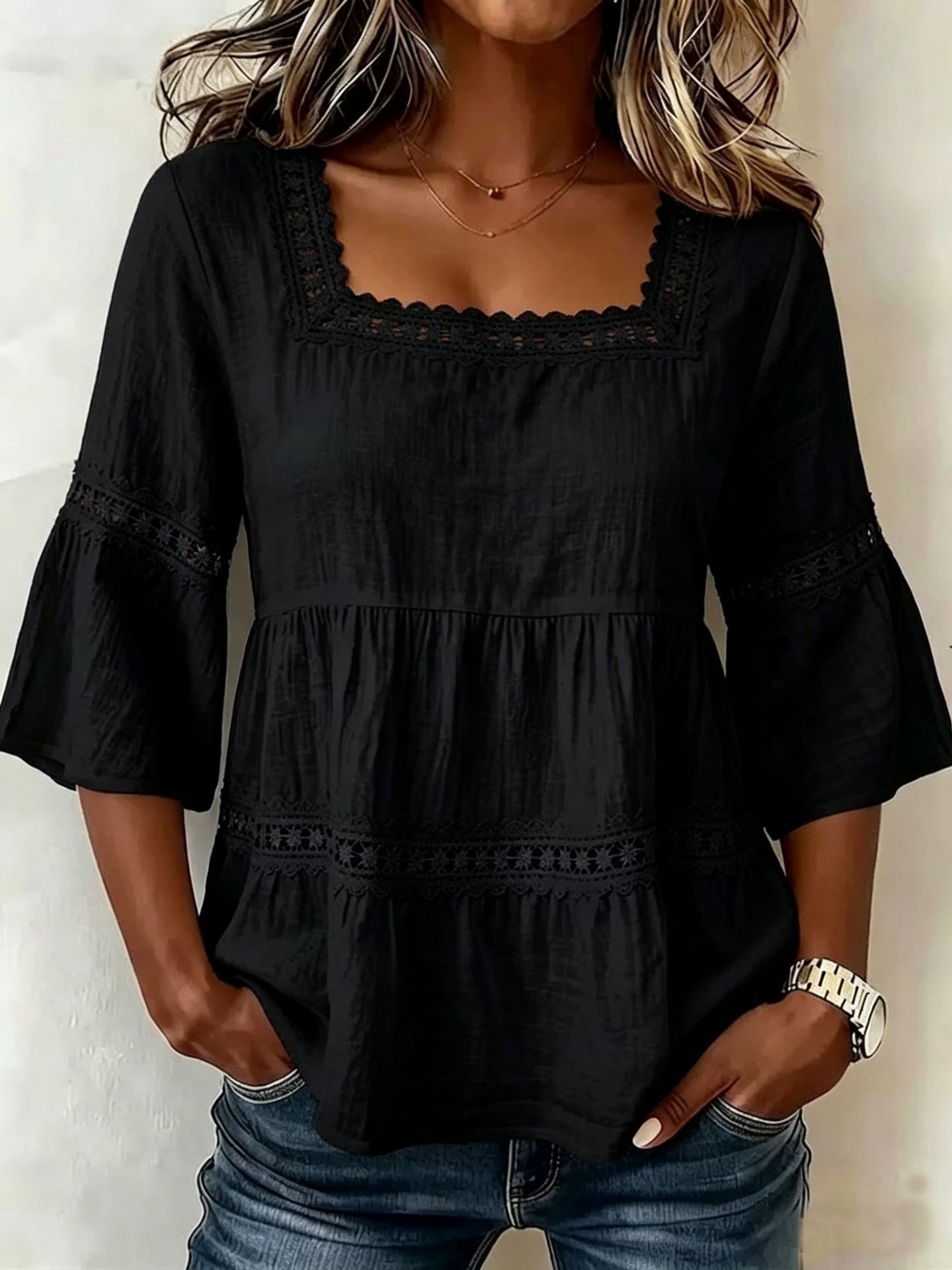 Women's Square Neck Cotton-Linen Lace Trim 3/4 Sleeve Top