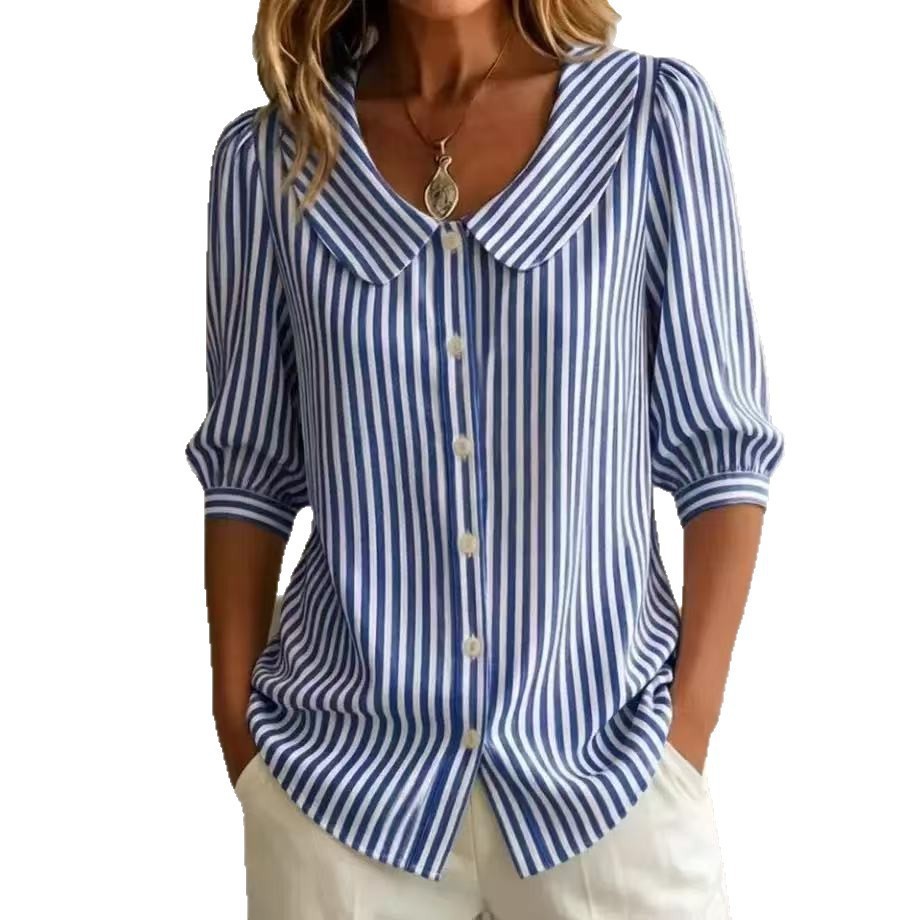 Striped V-Neck Half-Sleeve Blouse Top for Women