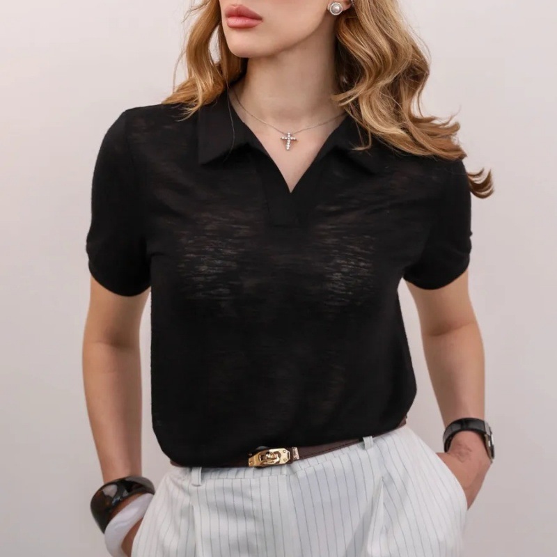 Women's Solid Color Short Sleeve Polo Neck Loose T-Shirt