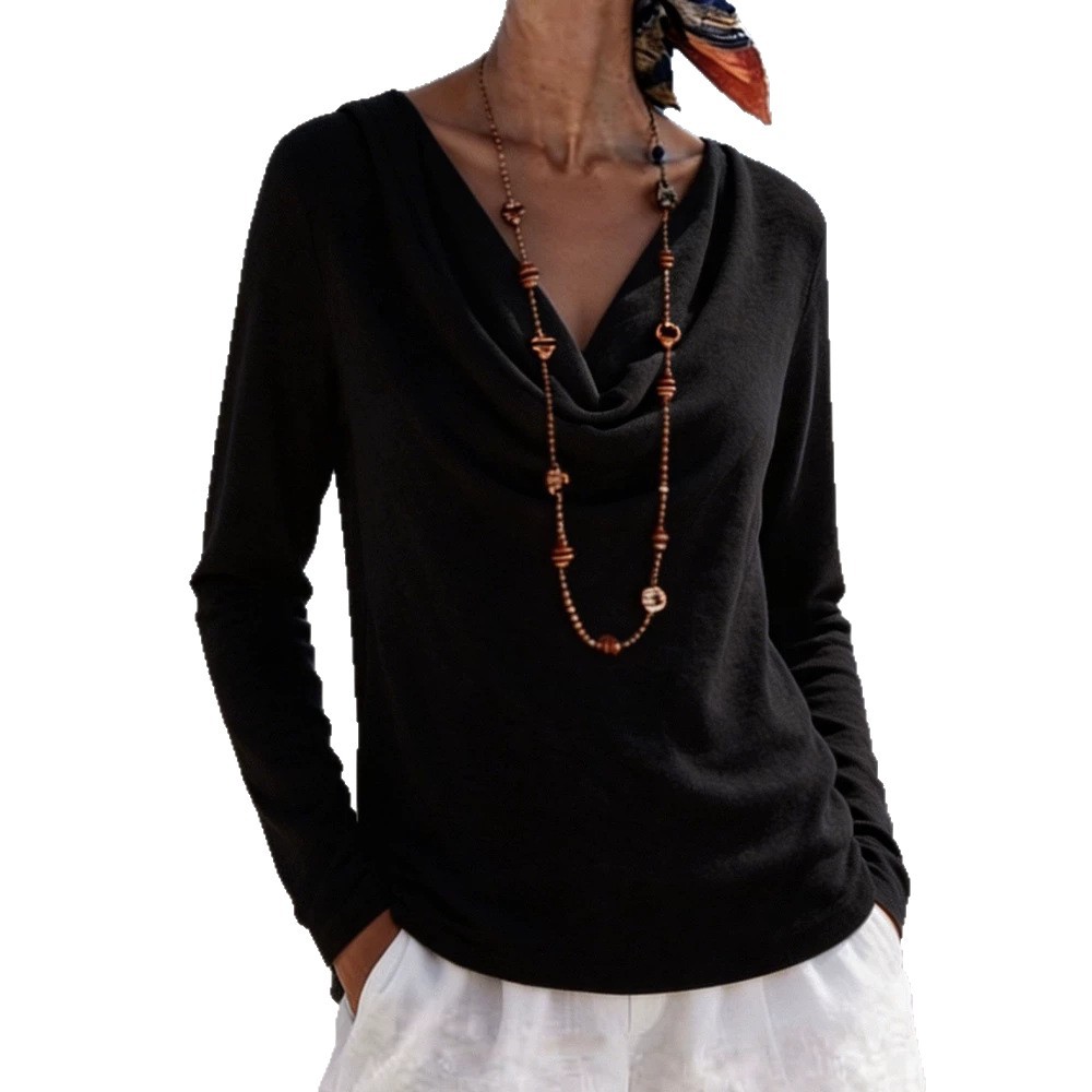 Women's Casual Loose Solid Color Cowl Neck Long Sleeve Pullover Top