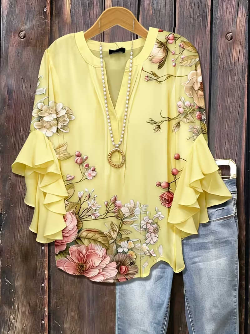 Floral Print Rolled Sleeve V-Neck Women's Top