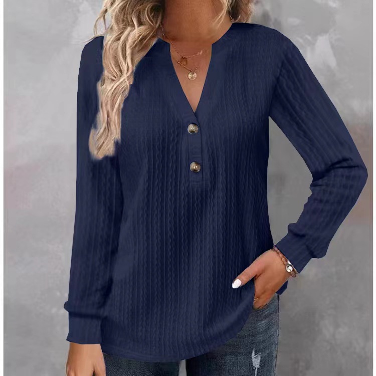 Women's Long Sleeve V-Neck Button T-Shirt Solid Color Top