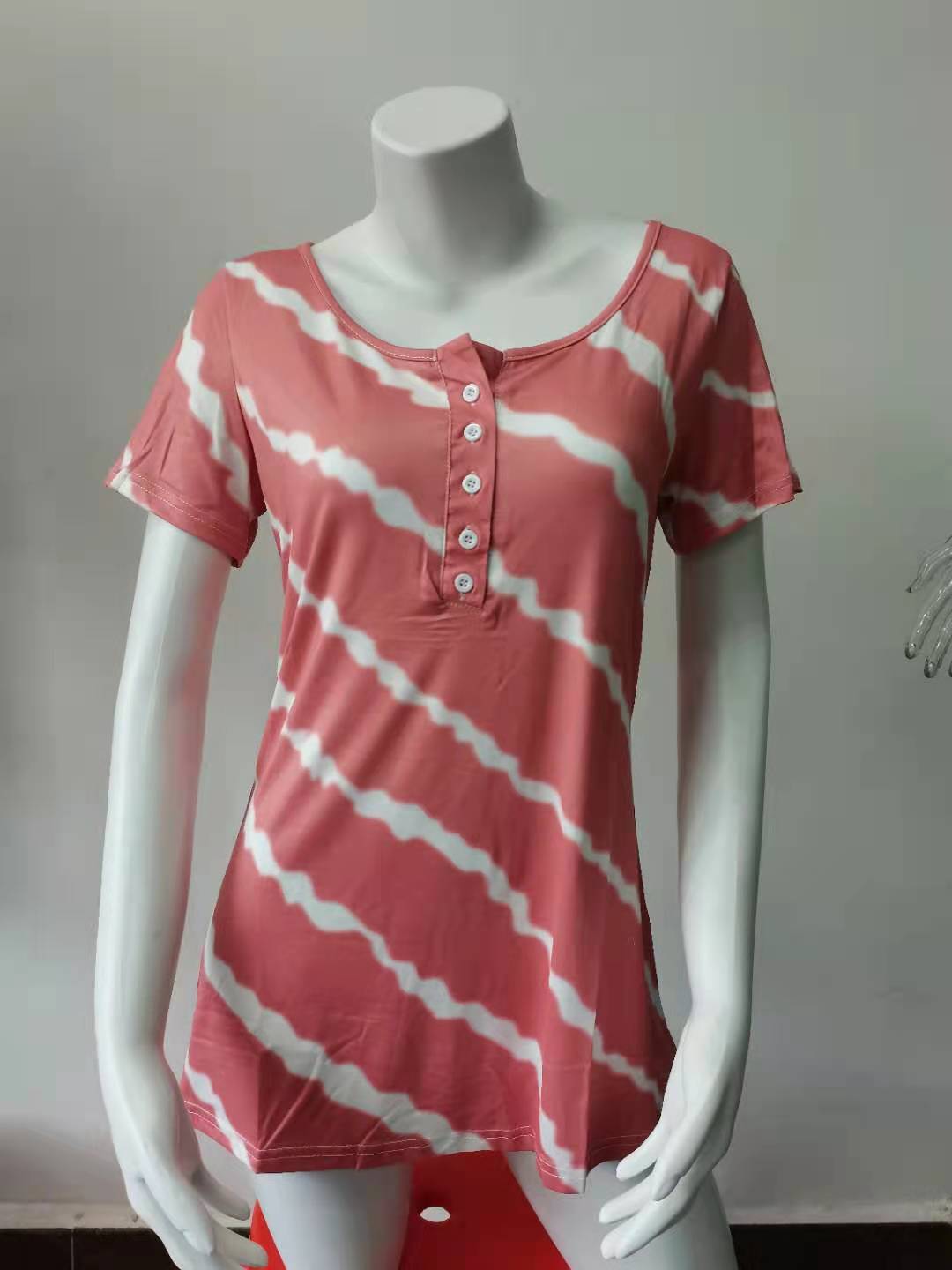 Striped Crewneck Button Short-Sleeve T-Shirt
