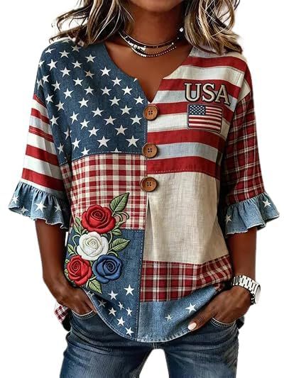 Women's American Floral Flag Print V-Neck Half-Sleeve T-Shirt