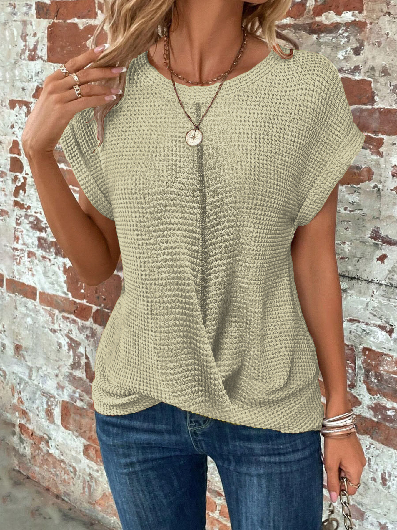 Women's Solid Crewneck Twist-Hem Short Sleeve T-Shirt