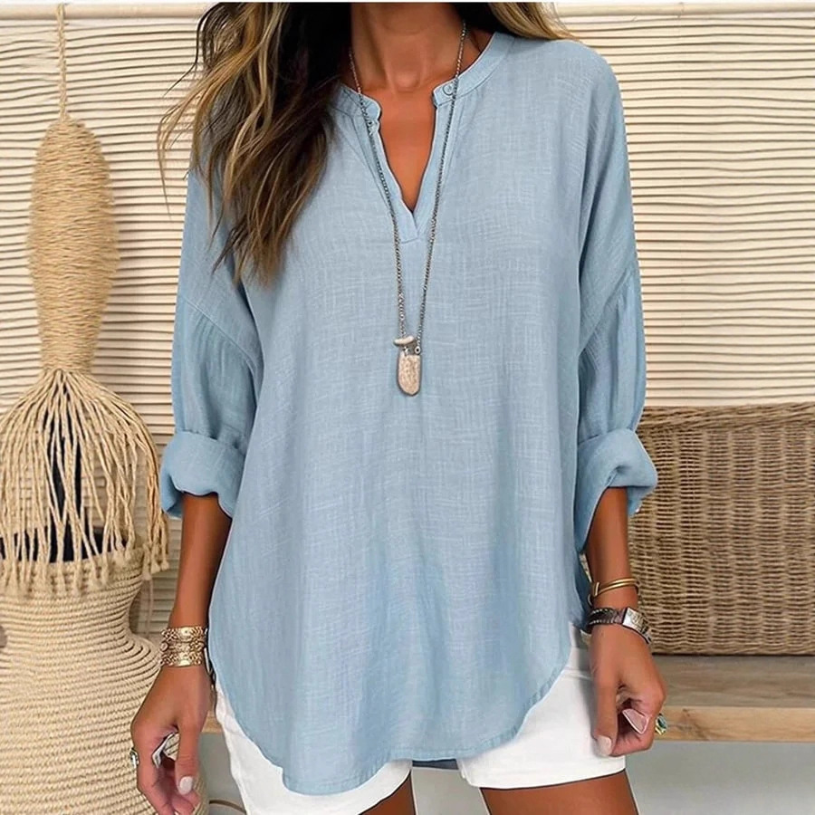 Women's Solid Print V-Neck Long Sleeve T-Shirt