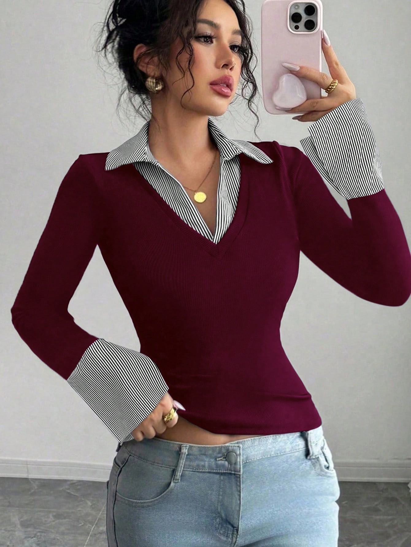Striped V-Neck Colorblock Flare Top