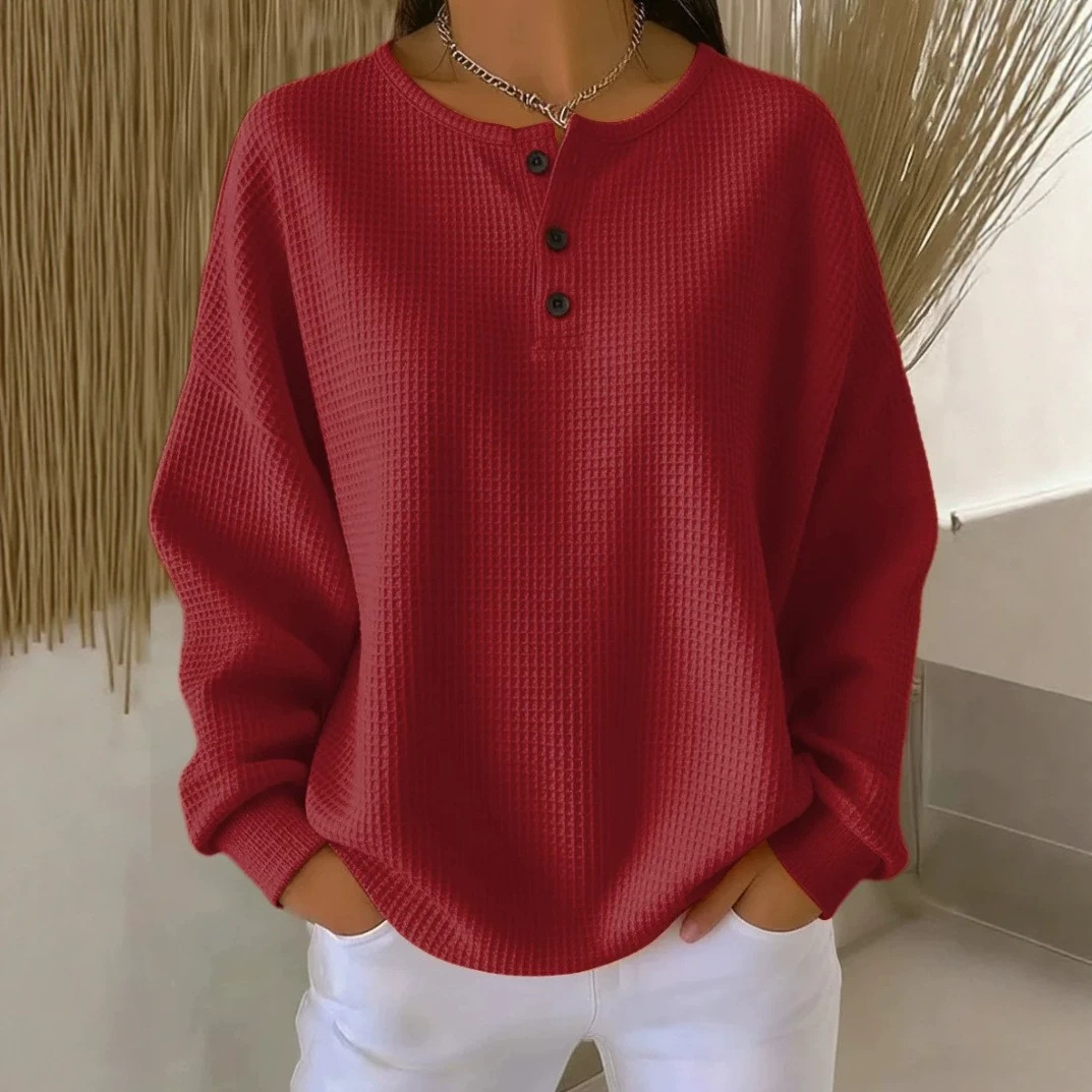 Waffle Knit Crewneck Pullover Loose Fit Solid Color Top