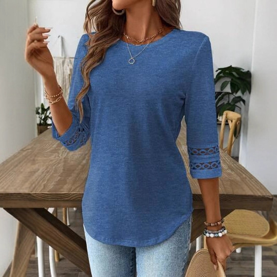 Women's Solid Crewneck Lace Trim Half-Sleeve Casual T-Shirt