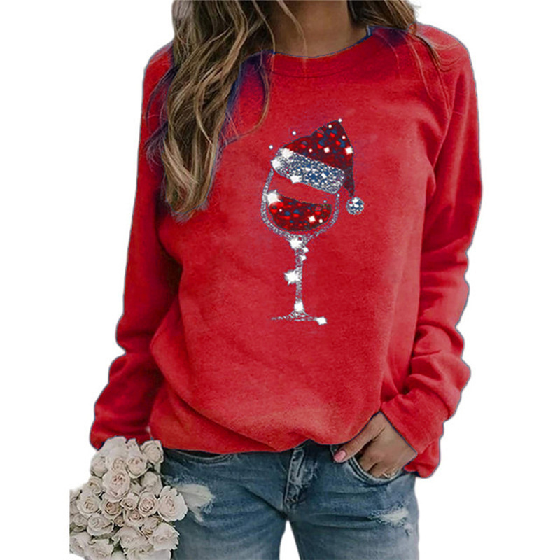 Christmas Wine Glass Print Long Sleeve Crewneck T-Shirt for Women