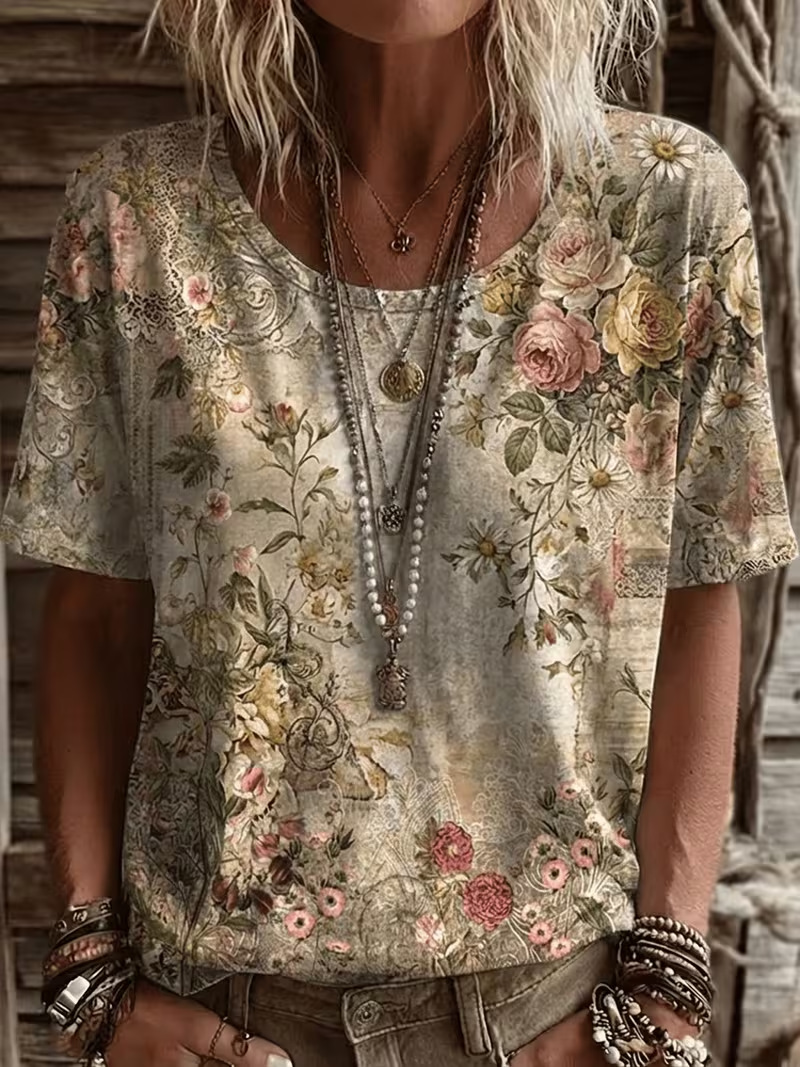 Retro Floral Print Short Sleeve T-Shirt