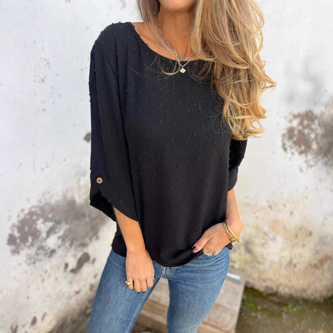 Women's Spring Autumn Round Neck Jacquard Chiffon Loose Fit Casual Top T-Shirt