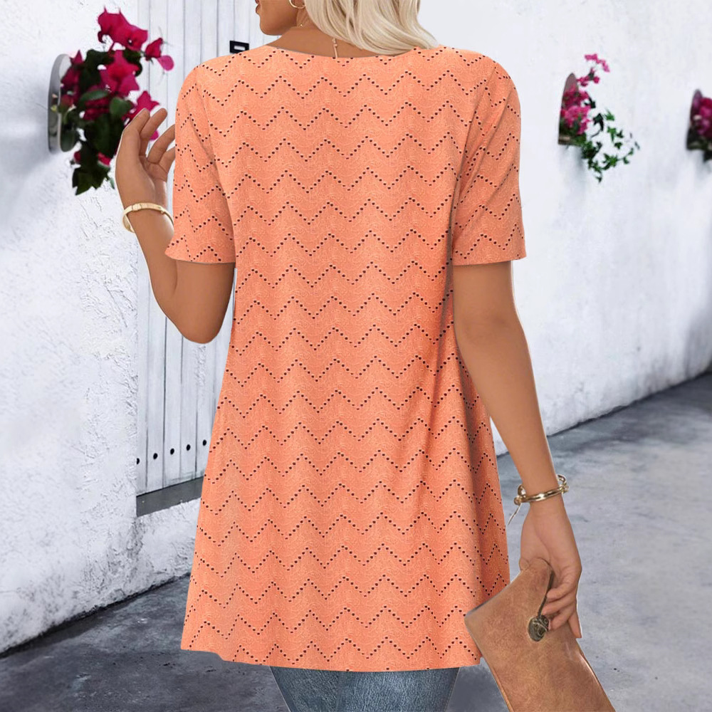 Women's Casual Loose Short Sleeve Faux Two-Piece Hollow Out Print T-Shirt