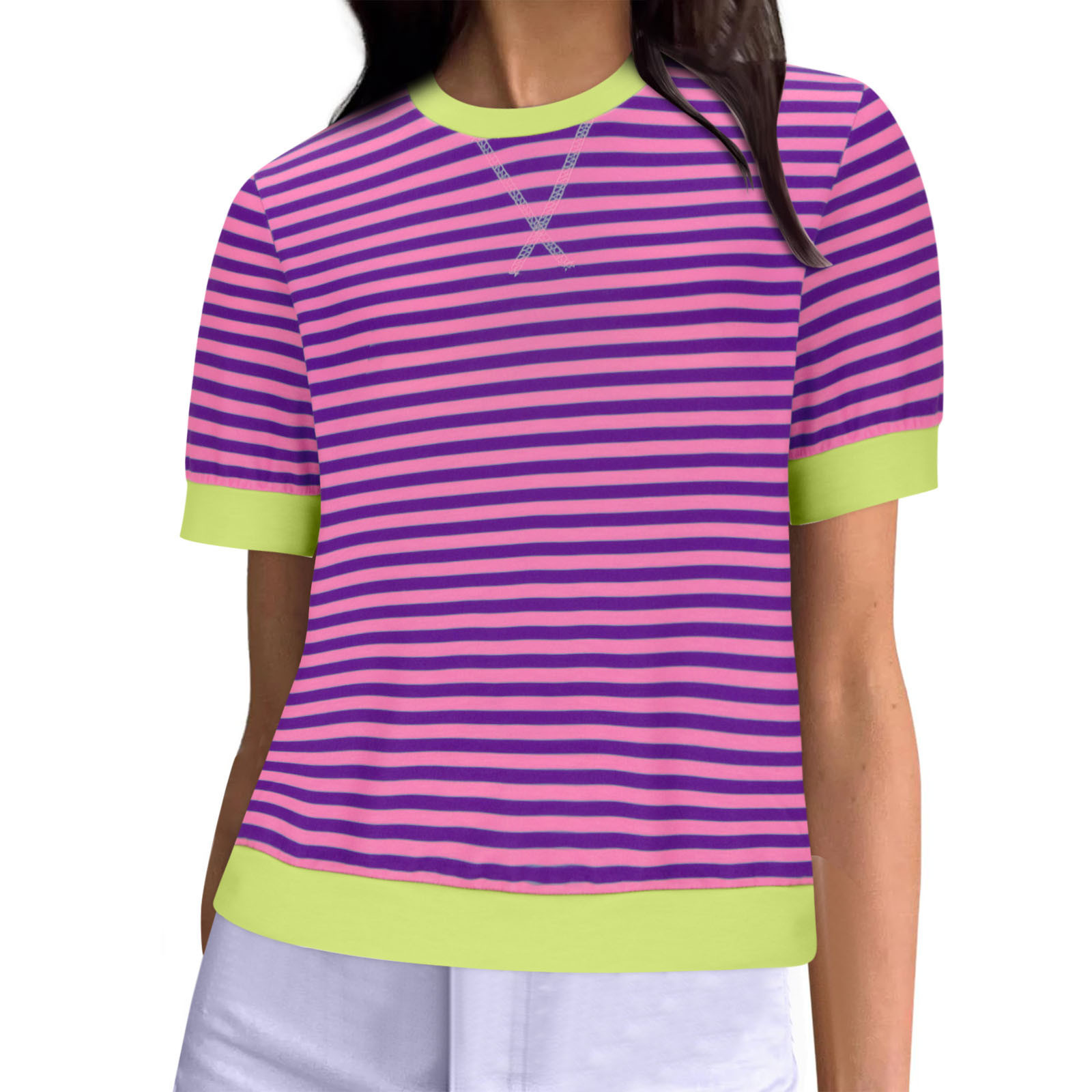 Striped Color-Block Cuff Short-Sleeve Crewneck T-Shirt