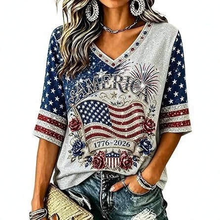 Women's American Flag Firework Print V-Neck Short Sleeve T-Shirt