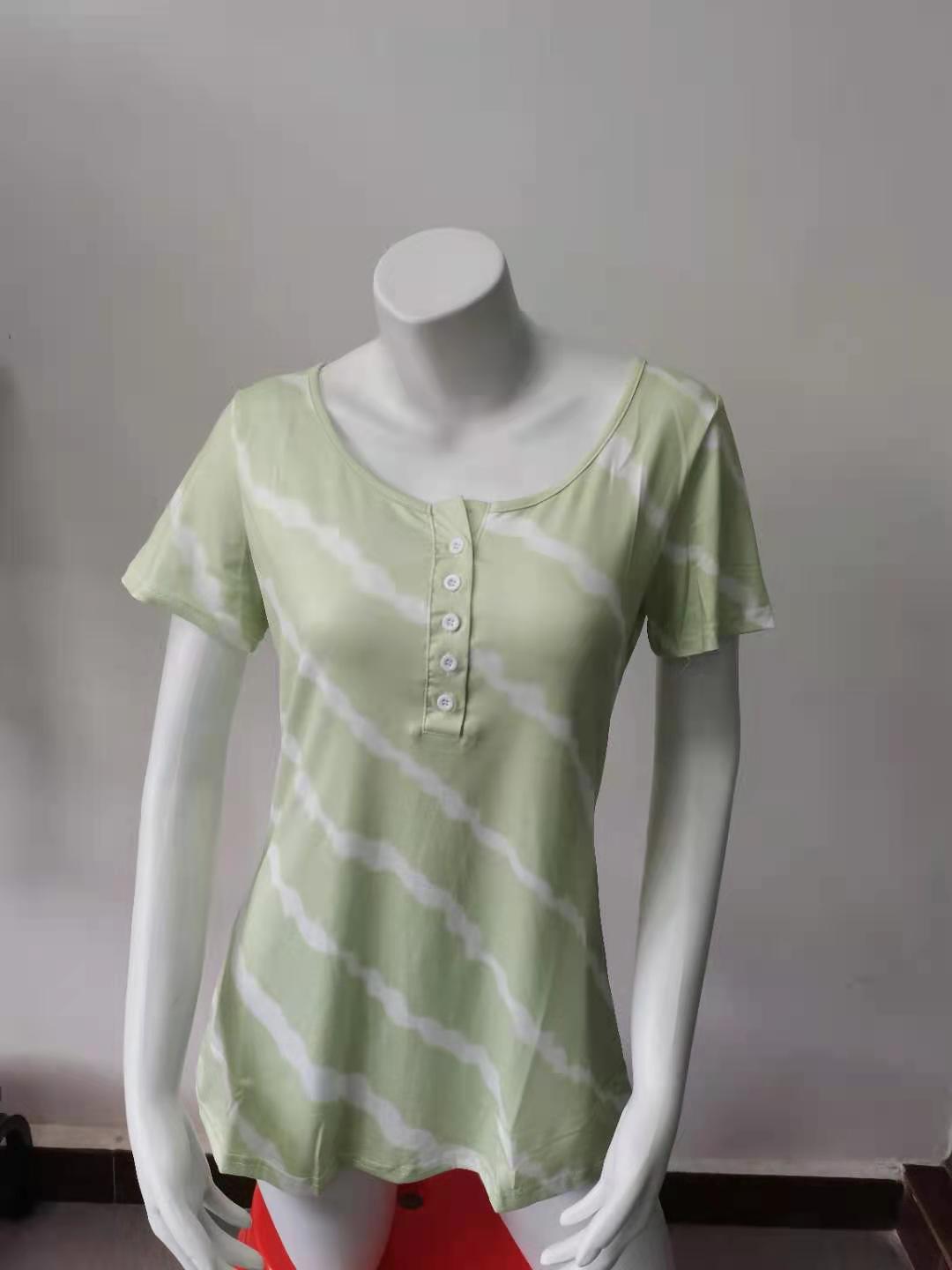 Striped Crewneck Button Short-Sleeve T-Shirt