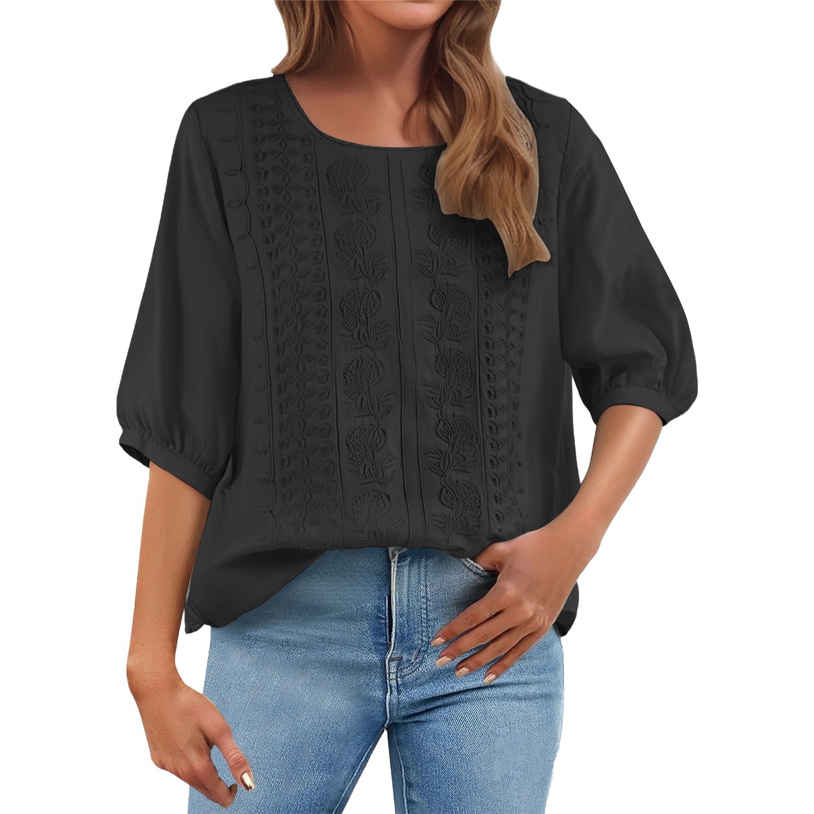 Embroidered Loose Cotton-Linen T-Shirt Women's Retro Round Neck Short Sleeve