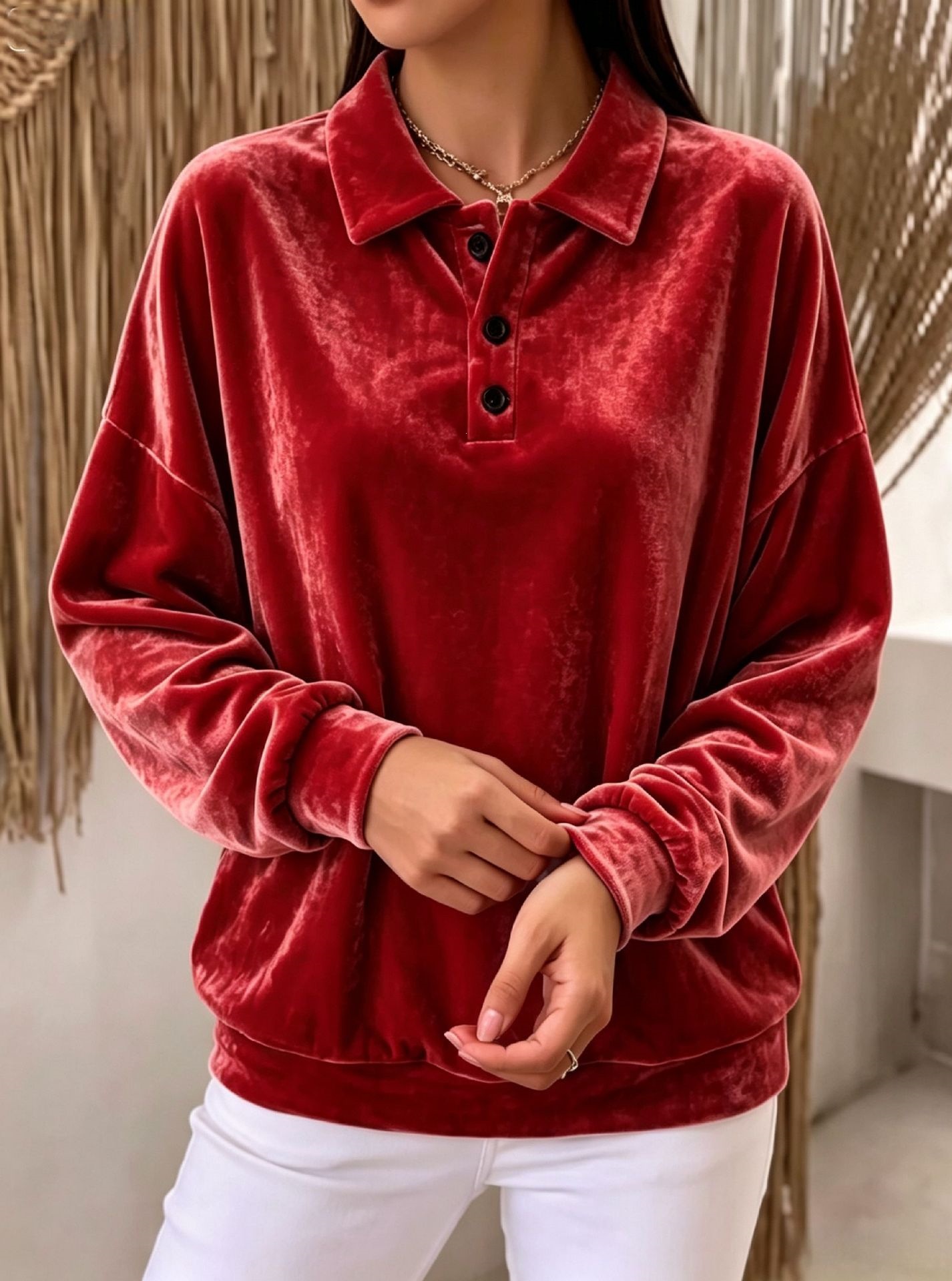 Velvet Sweatshirt with Collar Long Sleeve Solid Color Women's Casual Top