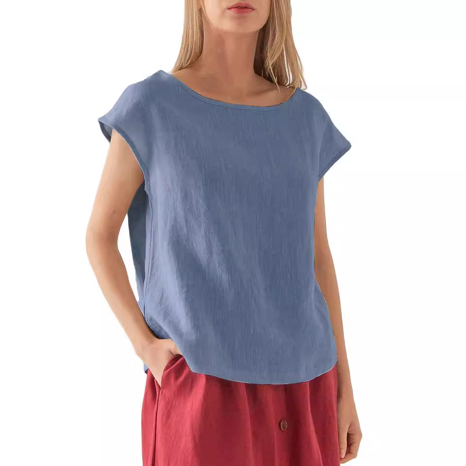 Women's Linen Short Sleeve Crewneck T-Shirt Solid Color Loose Fit