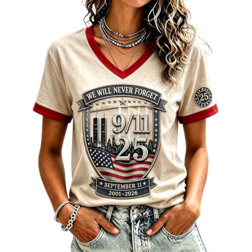 Twin Towers Anniversary Print V-Neck Short Sleeve Women's T-Shirt